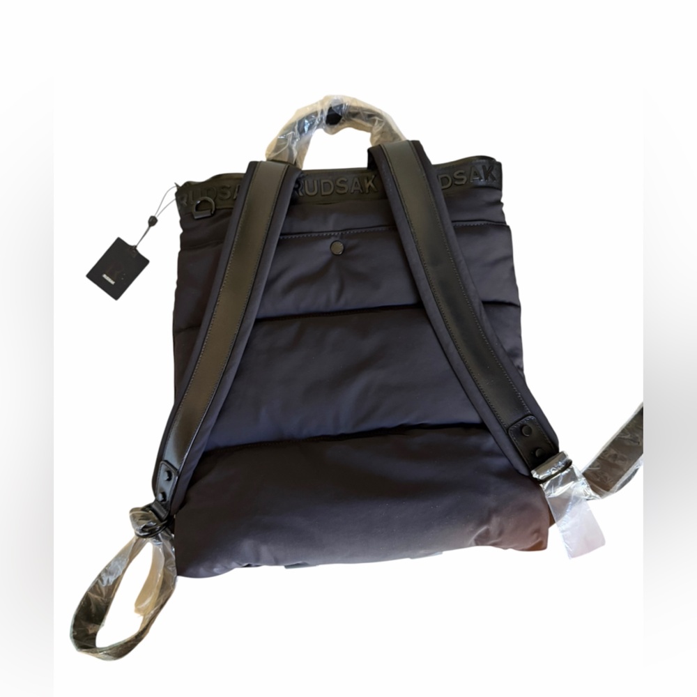 RUDSAK Black Quilted Puffer Logo Strap Backpack Minimalist Heirloom Luxury NWT - Picture 2 of 9